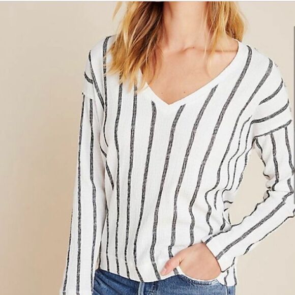Anthropologie Willa Textured Striped V Neck Top White Black - Picture 1 of 8